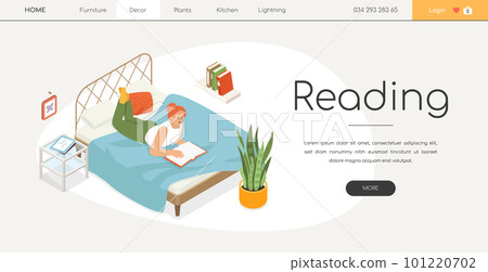 Reading on the bed - modern colored isometric web banner Reading on the bed - modern colored isometric web banner 101220702