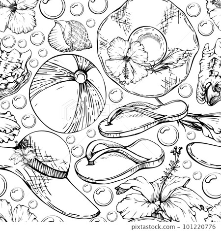Hand drawn vector ink beach accessories, sun hat ball flip flop sandals hibiscus Seamless pattern. Isolated on white background. Wall art, wedding, print, fabric, cover, card, tourism, travel booklet. Hand drawn vector ink beach accessories, sun hat ball flip flop sandals hibiscus Seamless pattern. Isolated on white background. Wall art, wedding, print, fabric, cover, card, tourism, travel booklet. 101220776