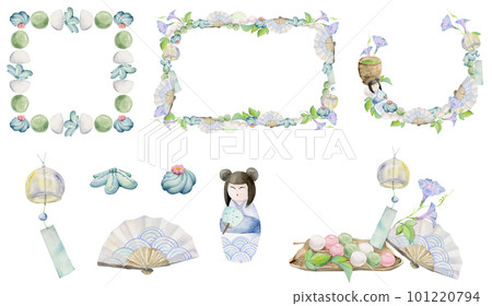 Watercolor hand drawn traditional Japanese sweets. Set of compositions with summer wagashi, taiyaki, tea, frames. Isolated on white background. Invitations restaurant menu greeting cards print textile 101220794
