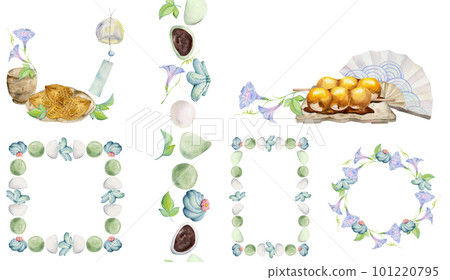 Watercolor hand drawn traditional Japanese sweets. Set of compositions with summer wagashi, taiyaki, tea, frames. Isolated on white background. Invitations restaurant menu greeting cards print textile Watercolor hand drawn traditional Japanese sweets. Set of compositions with summer wagashi, taiyaki, tea, frames. Isolated on white background. Invitations restaurant menu greeting cards print textile 101220795