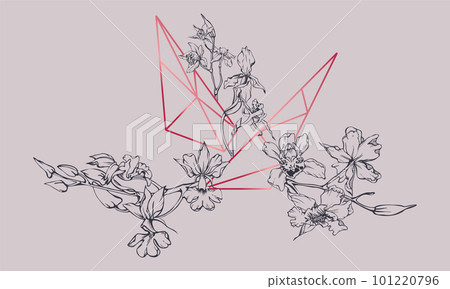 Hand drawn vector ink orchid flowers and branches, monochrome, detailed outline. Composition with crystal form. Viva magenta color. Design for wall art, wedding, print, tattoo, cover, card. 101220796
