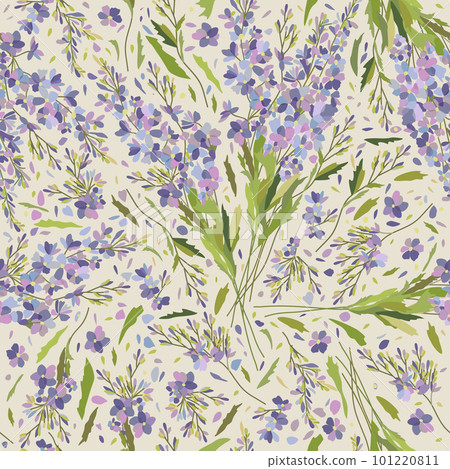 Vector seamless floral pattern with blue flowers and green leaves on light beige background. Delphinium. Soft pastel ornament. Vector seamless floral pattern with blue flowers and green leaves on light beige background. Delphinium. Soft pastel ornament. 101220811