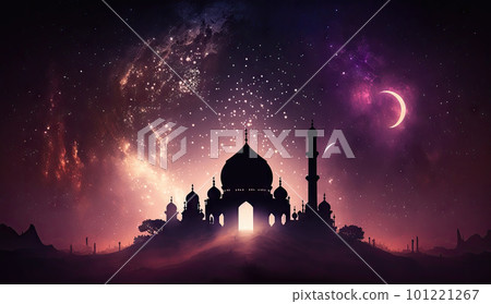 AI generated Ramadan Kareem background with mosque and crescent moon AI generated Ramadan Kareem background with mosque and crescent moon 101221267