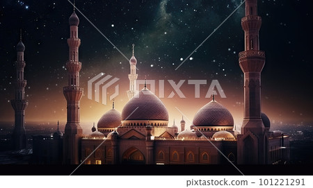 AI generated Ramadan Kareem background with mosque and crescent moon 101221291