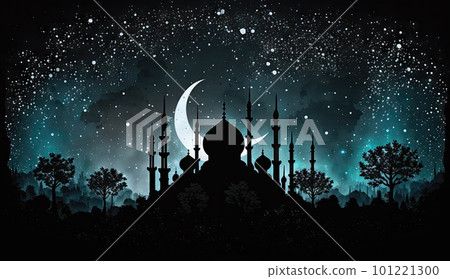 AI generated Ramadan Kareem background with mosque and crescent moon 101221300