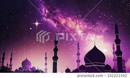 AI generated Ramadan Kareem background with mosque and crescent moon 101221302