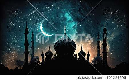 AI generated Ramadan Kareem background with mosque and crescent moon 101221306