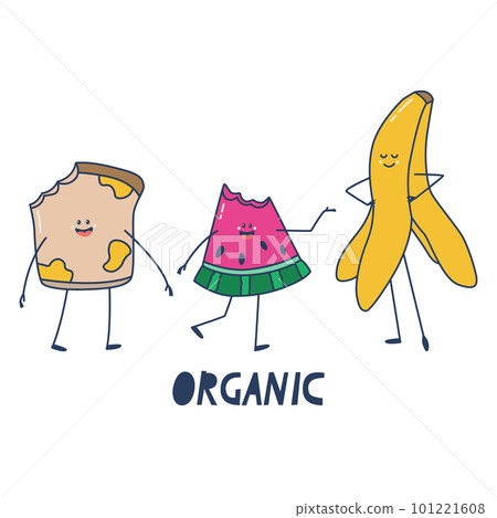 Sorting of organic waste. Leftover food - bitten bread and piece of watermelon, as well banana skin. Funny objects with arms, legs and faces. Cute vector isolated on white background illustration Sorting of organic waste. Leftover food - bitten bread and piece of watermelon, as well banana skin. Funny objects with arms, legs and faces. Cute vector isolated on white background illustration 101221608