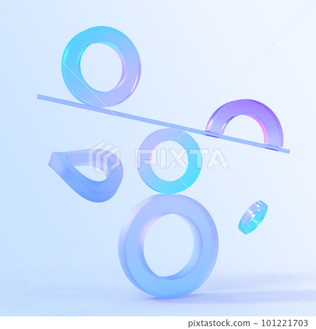 Abstract geometric composition with glass rings and line. Iridescent holographic crystal shapes with gradient texture in motion 3d render. Concept of balance, digital art object. 3D Illustration Abstract geometric composition with glass rings and line. Iridescent holographic crystal shapes with gradient texture in motion 3d render. Concept of balance, digital art object. 3D Illustration 101221703