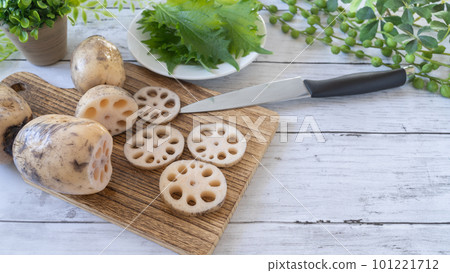 White wood grain background and sliced lotus root and perilla leaves White wood grain background and sliced lotus root and perilla leaves 101221712