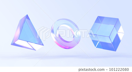Glass triangle, ring and cube box, 3d render icons set. Abstract geometric shapes with holographic gradient texture, crystal rainbow objects, graphic elements isolated on background. 3D illustration 101222080