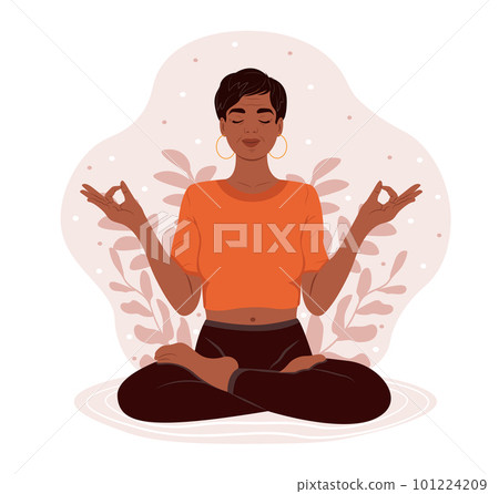 Elderly woman with closed eyes meditating in yoga lotus posture. International Yoga Day. The concept of zen and harmony. 101224209
