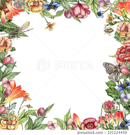 Watercolor hand drawn spring garden full of flowers square frame. Watercolor illustration for scrapbooking. Cartoon hand drawn background with flower for kids design. Perfect for wedding invitation 101224430