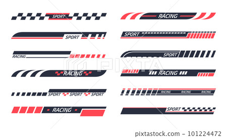 Tuning racing sport stripes. Sports racing decals, sports car, motorbike and boat stickers, striped vehicle tuning bars flat vector illustration set Tuning racing sport stripes. Sports racing decals, sports car, motorbike and boat stickers, striped vehicle tuning bars flat vector illustration set 101224472
