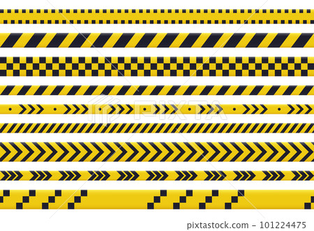 Yellow warning tape. Caution police crime line, security danger tapes. Do not cross ribbons flat vector illustration set 101224475