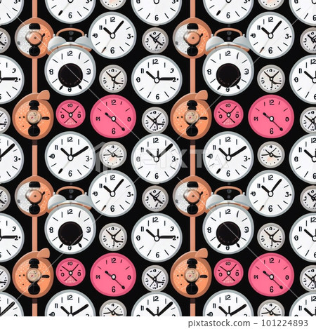 Abstract seamless pattern of a white and pink clock with a clock face on a black background. For textile, fabric, wrapping paper. Wallpaper for children. Generative AI. 101224893