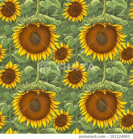Seamless pattern of painted sunflowers. Suitable for textiles, fabric, wrapping paper. Wallpaper for children. Generative AI. 101224903