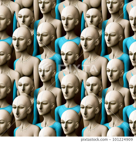 Seamless sand sculpture pattern. Bald statues of people. Suitable for textiles, fabric, wrapping paper. Generative AI. 101224909