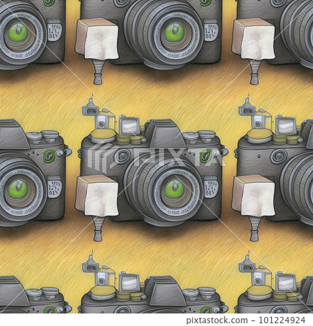 A seamless drawing of a strange camera. Surrealistic camera pattern. Great for textiles, fabric, wrapping paper. Wallpaper for children. Generative ai. 101224924