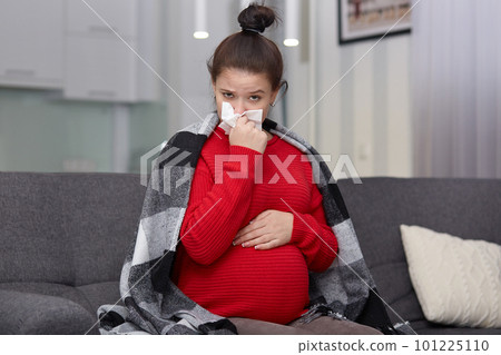 Photo of young pregnant woman has seasonal disease, caught cold during winter, uses handkerchief, tries to warm herself with coverlet and sweater, sits at comfortable sofa. Sickness concept. Photo of young pregnant woman has seasonal disease, caught cold during winter, uses handkerchief, tries to warm herself with coverlet and sweater, sits at comfortable sofa. Sickness concept. 101225110
