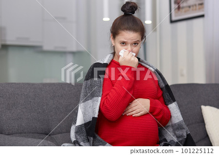 Indoor horizontal shot of tired sick brunette woman has running nose and cold, feels ill, has plaid on shoulders, sits at couch, poses at living room. Infection, flu, illness and pregancy concept 101225112