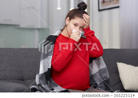 Image of stressful sad pregnant woman has terrible headache, fever and running nose, suffers from constant sneezing, sits at sofa alone. Future mother has flu or allergy. Health care concept 101225114