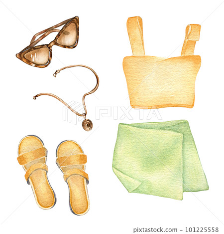 Set of woman's summer clothes watercolor illustration isolated on white. Woman's stylish outfit of top, skirt, sandals and sunglasses hand drawn. Design for shop, sale, magazine, packaging, showcase 101225558