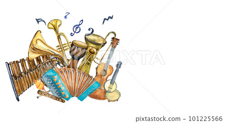 Composition of jazz musical instruments and symbol watercolor illustration isolated. Composition of jazz musical instruments and symbol watercolor illustration isolated. 101225566