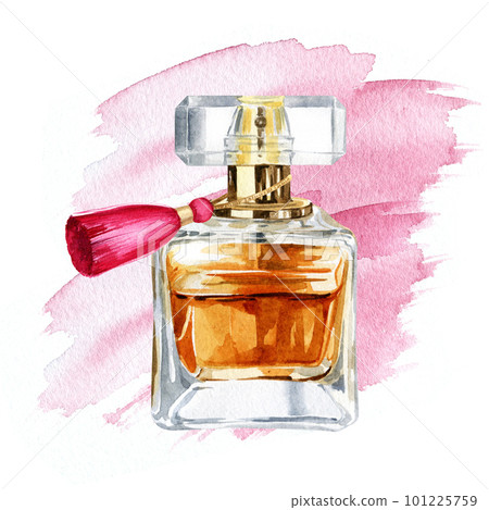 watercolor vintage perfume glass bottle with watercolor splash, hand drawn illustration of transparent perfume flacon with water on pink background watercolor vintage perfume glass bottle with watercolor splash, hand drawn illustration of transparent perfume flacon with water on pink background 101225759