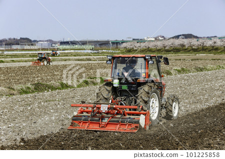 Take a picture of the landscape of the field being cultivated with a tractor Take a picture of the landscape of the field being cultivated with a tractor 101225858