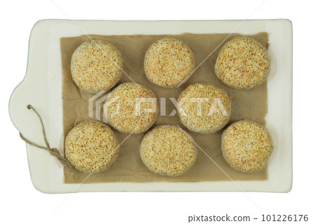 Preparation of homemade meat cutlets. Ready for cooking. Frozen cutlets. Top view. Preparation of homemade meat cutlets. Ready for cooking. Frozen cutlets. Top view. 101226176