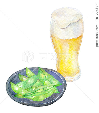 毛豆和啤酒晚上喝設置水彩插圖 101226178