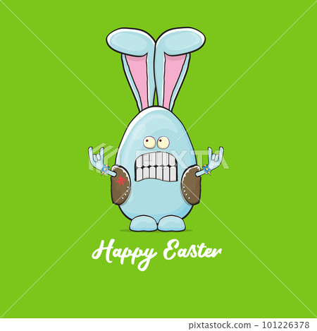 Easter bunny badass and funny cartoon character with bunny ears isolated on green background. rock n roll easter party poster or happy easter greeting card with blue rabbit 101226378