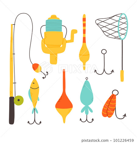Set of elements for fishing.Collection of tackle and lures for fishing. Vector illustration. Flat style. Bright set for summer fishing. 101226459