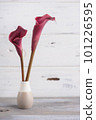 Mockup wooden background with purple calla lilly 101226595