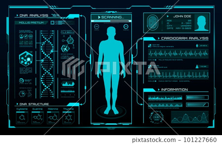 HUD medicine, body health digital technology interface, futuristic vector. HUD medical screen UI with human body hologram, scanning health data on infographics dashboard with DNA analysis diagnostics 101227660