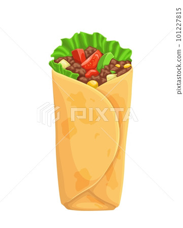 Cartoon shawarma, doner kebab or gyro wrap sandwich, vector fast food of turkish, arabic and greek cuisine. Chicken or beef meat roll, vegetables and lettuce salad. Isolated shawarma or shawerma wrap Cartoon shawarma, doner kebab or gyro wrap sandwich, vector fast food of turkish, arabic and greek cuisine. Chicken or beef meat roll, vegetables and lettuce salad. Isolated shawarma or shawerma wrap 101227815