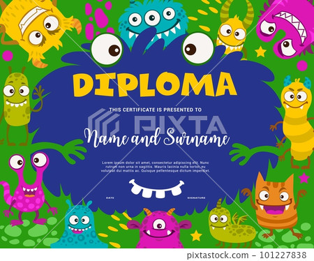 Kids diploma. Cartoon funny monster characters vector diploma or certificate background frame. School or kindergarten education award with cute fluffy monster personages with happy smiles and horns Kids diploma. Cartoon funny monster characters vector diploma or certificate background frame. School or kindergarten education award with cute fluffy monster personages with happy smiles and horns 101227838