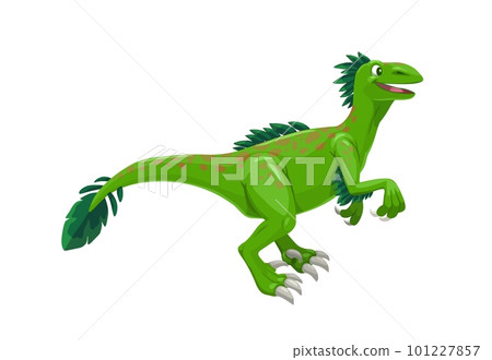 Cartoon raptor dinosaur character. Isolated vector velociraptor dino with feathers and green skin. Genus of small dromaeosaurid carnivorous reptile that lived in asia during the late Cretaceous Period Cartoon raptor dinosaur character. Isolated vector velociraptor dino with feathers and green skin. Genus of small dromaeosaurid carnivorous reptile that lived in asia during the late Cretaceous Period 101227857