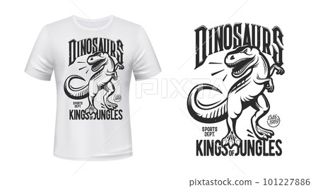 Tyrannosaurus rex, t-rex dinosaur the king of jungles t-shirt print vector template. Cartoon roaring dino animal, aggressive t-rex dinosaur jurassic monster mascot, sport team or club custom clothing 101227886