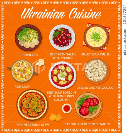 Ukrainian cuisine menu with food and dish meals for dinner and lunch, vector poster. Ukrainian restaurant food menu with borscht beet soup and dumplings, pork vegetable stew and chicken Kiev 101227894