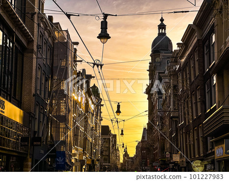 Leidsestraat major shopping street at sunset, Amsterdam, Netherlands Leidsestraat major shopping street at sunset, Amsterdam, Netherlands 101227983