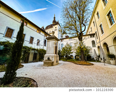 Grand Hotel Dieu courtyard and garden in Lyon, France 101228300