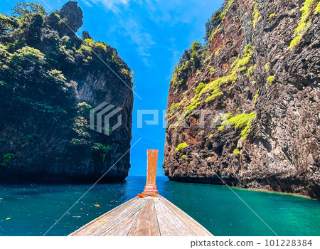 Wang Long Bay from the long tail boat in koh Phi Phi, Krabi, Thailand Wang Long Bay from the long tail boat in koh Phi Phi, Krabi, Thailand 101228384