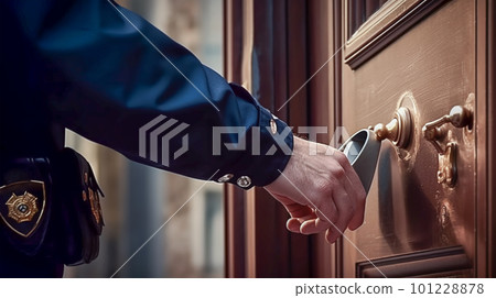 Police knocks on door. Hand of policeman opening door, close-up, Generative AI 101228878