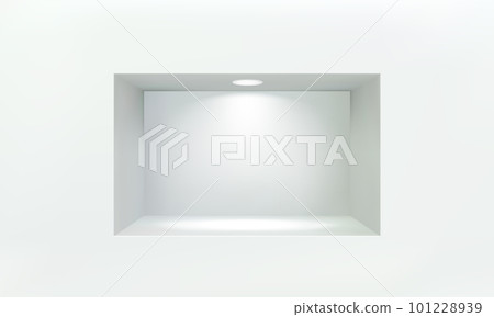 Empty niche or shelf on white wall with led spotlight 3D mockup Empty niche or shelf on white wall with led spotlight 3D mockup 101228939
