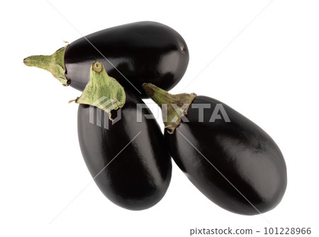 Top view of three whole eggplants on a white background. 101228966