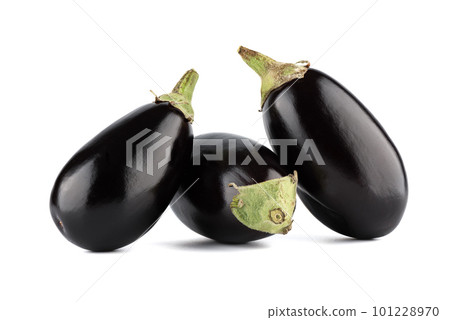 Whole fresh unpeeled eggplants on a white background. 101228970