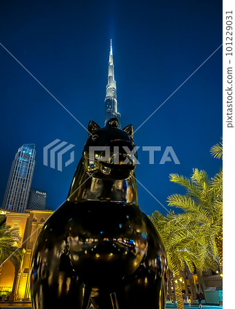 Dubai Downtown. square place with palm trees and pond with burj khalifa in backgrouund, in UAE 101229031