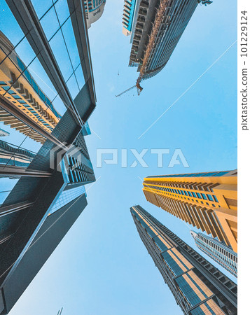 Below Skyscrapers view in Downtown Dubai, business and finance district, UAE 101229124